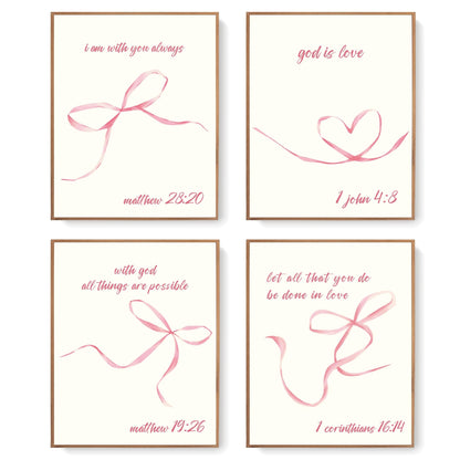 LARTSFRO Coquette Pink Bow Wall Art Decor Posters, Pink Bow Room Bedroom Bathroom Dorm Wall Art Decor Aesthetic for College Teen Girls Gifts, Inspirational Bible Verses Bow Wall Decor, 10x8 Inch Set of 4 Bow Pictures UNFRAMED