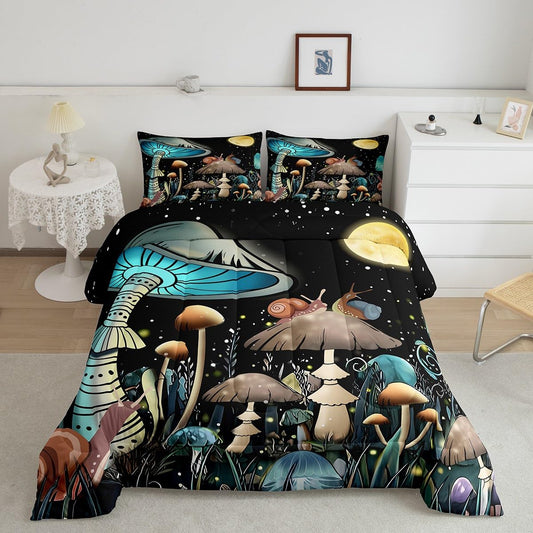 Manfei Watercolor Mushroom Bed Comforter Set Queen Size,Nature Burgundy Plant Super Soft Microfiber Bedding Set for Girls Boys,Botanical Leaves Starry Moon Night Decorative Quilter Set
