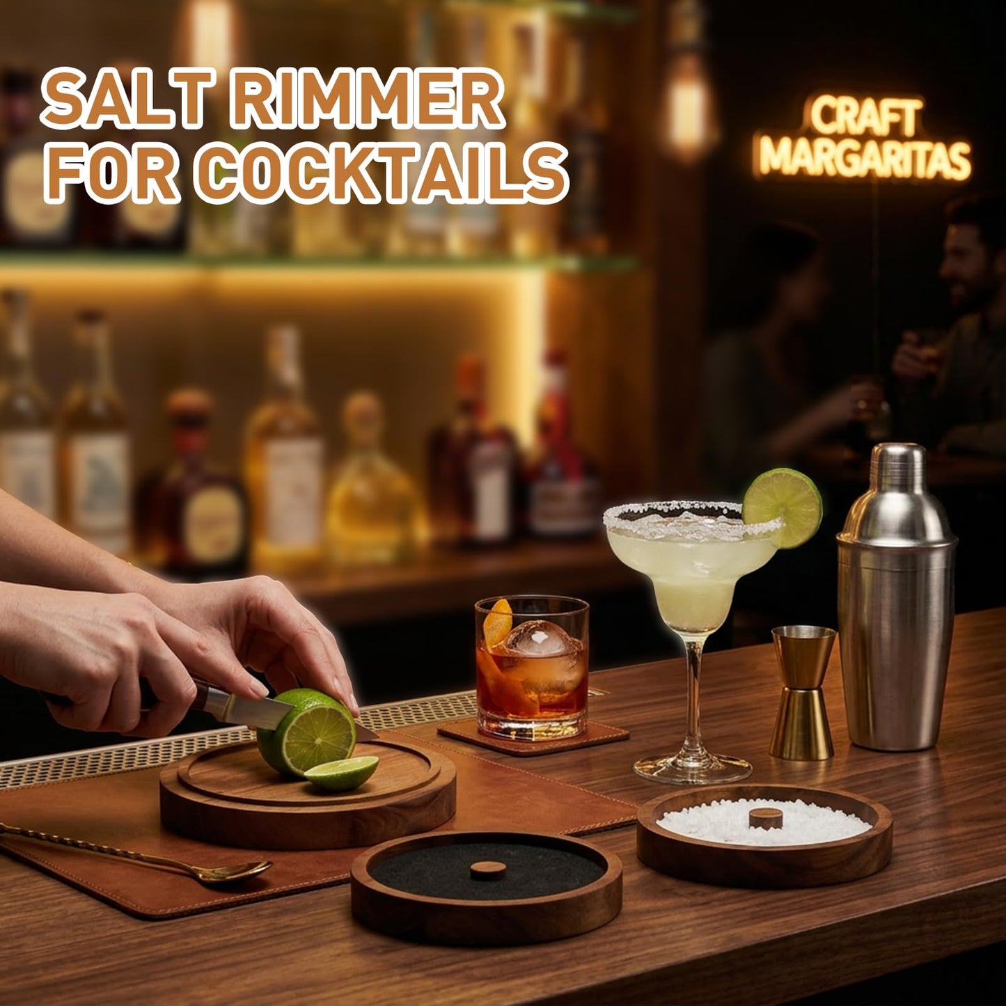 Margarita Salt Rimmer Set, 5-Tier Acacia Wood Salt Rimmer with 4 Sponges, Salt Rimmer for Cocktails, Cocktail Rimmer, Rimmers for Drinks, Glass Rimmer for Margarita Bloody Mary(Stackable Design)