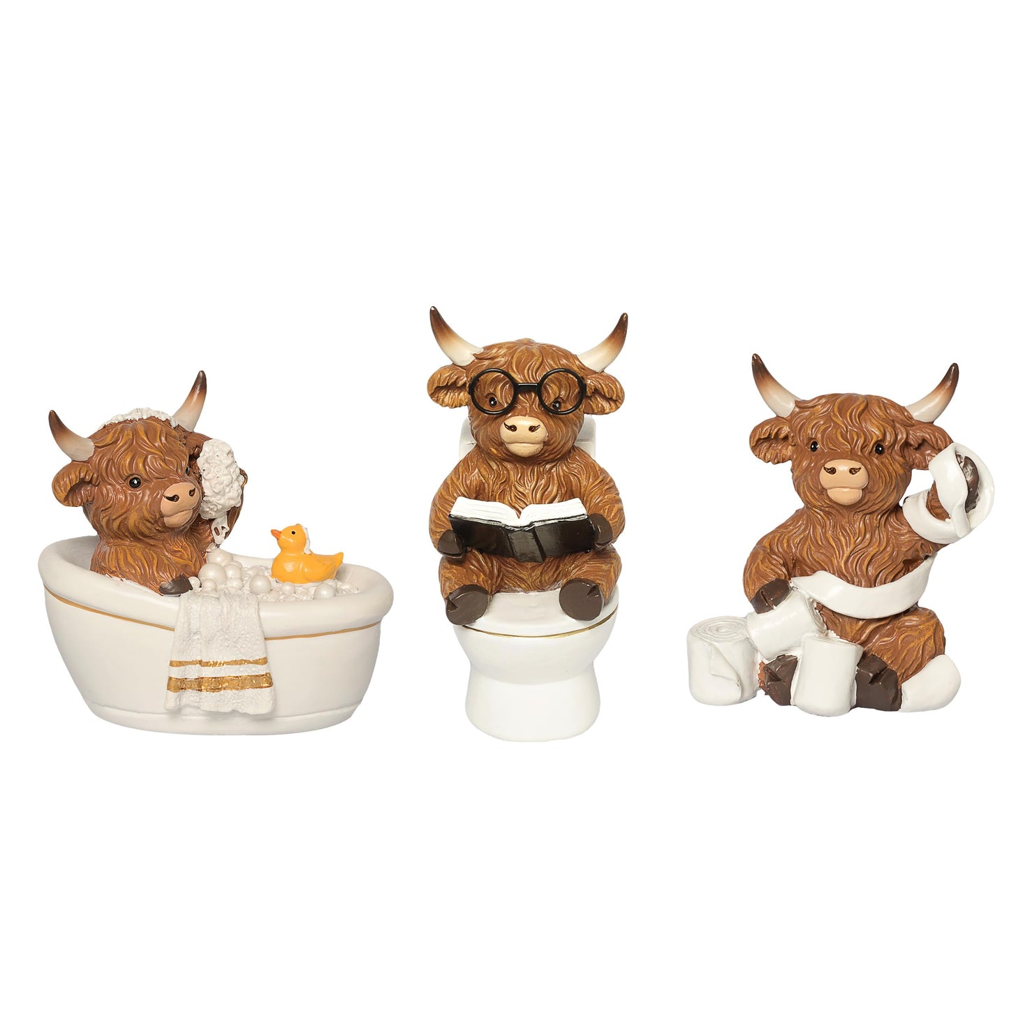 YeehaWhoo Highland Cow Bathroom Decor, Highland Cow Gifts for Women, Cow Figurine with Bathtub/Toilet/Tissue, Xmas Rustic Resin Ornaments Statue for Farmhouse Kitchen Home Table Christmas Decoration