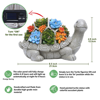 Goodeco Solar-Powered Turtle Garden Ornaments with LED Lights & Succulent Accents - Outdoor Decor for Patio, Balcony, Yard - Birthday Gifts for Women, Mum, Unique Tortoise Statue Housewarming Ideas