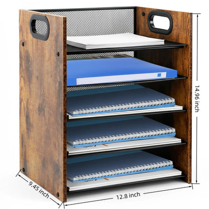 Boershun Wood Desk Organizer - 5-Tier Desktop File Organizer, Wooden Paper Tray, Office Desk Organzier and Accessories for Papers, Mail, Notebooks, Stationery