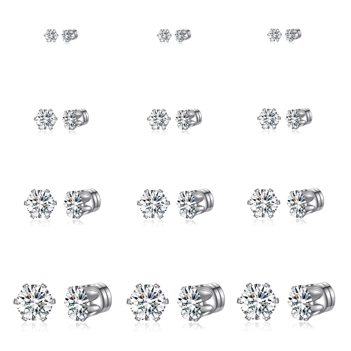Spiritlele 12 Pairs Silver Small Big Cubic Zirconia Magnetic Earrings Clip on Non Piercing Earrings Set Unisex 4MM-7MM