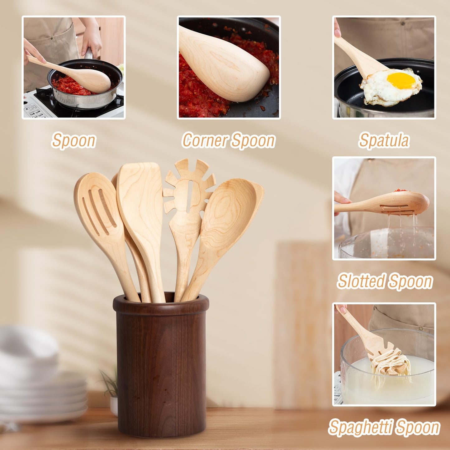 2PCS Wooden Cooking Spoons, 14 Inch Maple Wooden Spoons for Cooking or Mixing Salad, Wooden Spoons Cooking for Stirring Sauce Soup Nonstick Spoon Kitchen Serving Utensil Long Handle with Smooth Finish