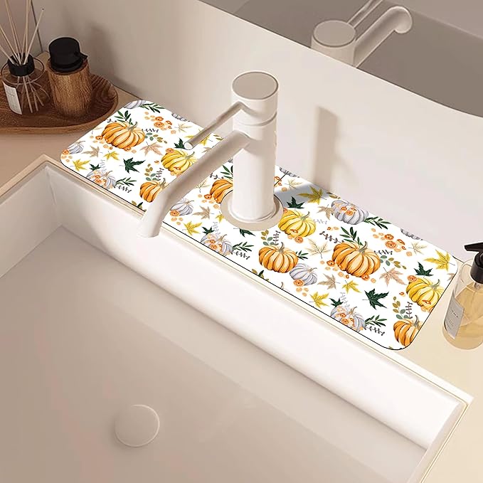 Thanksgiving Sink Faucet Absorbing Mat Pumpkin Floral Leaves Sink Splash Guard