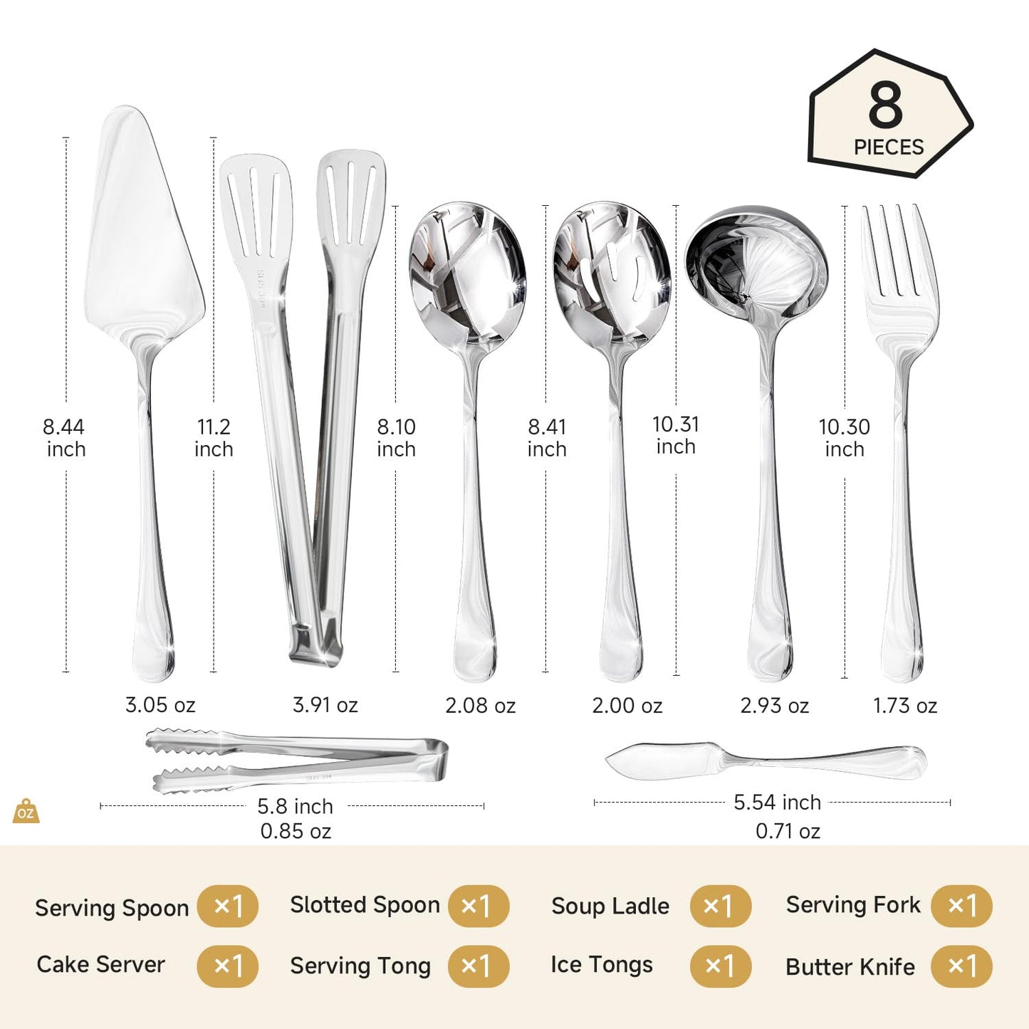 HIKAA 8PCS Serving Utensils Set, 18/10 Modern Serving Utensils Set for Kitchen, Stainless Steel Serving Utensils, Slotted Spoons, Forks, Tongs, Cake Server, Butter Knife for Buffet, Catering, Wedding
