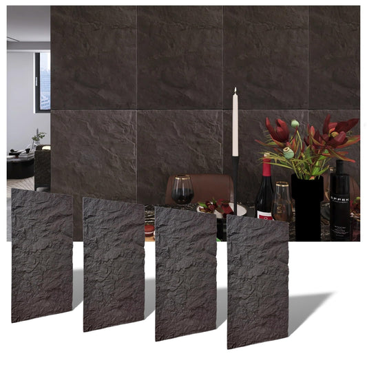 Eazart Modern 3D Wall Panels - Faux Stone Look, Waterproof PU Wainscoting for Interior Wall Decor - 4 Pack, 43.31 x 23.62 inches (Color Black Stone)