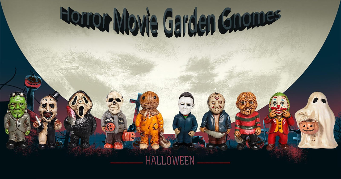 Horror Movie Garden Statue, 10pcs Horror Movie Garden Gnomes Killer Set, Nightmare on Elm Street Murderers Michael Myers Freddy Jason Halloween Zombie Gnome Resin Figurines for Halloween Decor
