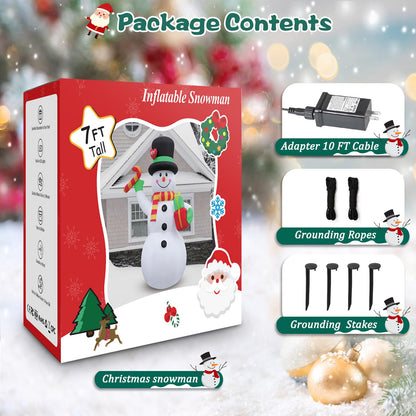 FunFanso 7 FT Christmas Inflatable Snowman Outdoor Decoration, Giant Blow up Snowman Holds Candy and Gift Boxes, Built-in Rotating Colourful Lights for Yard, Garden, Patio, Lawn Xmas Holiday Decor