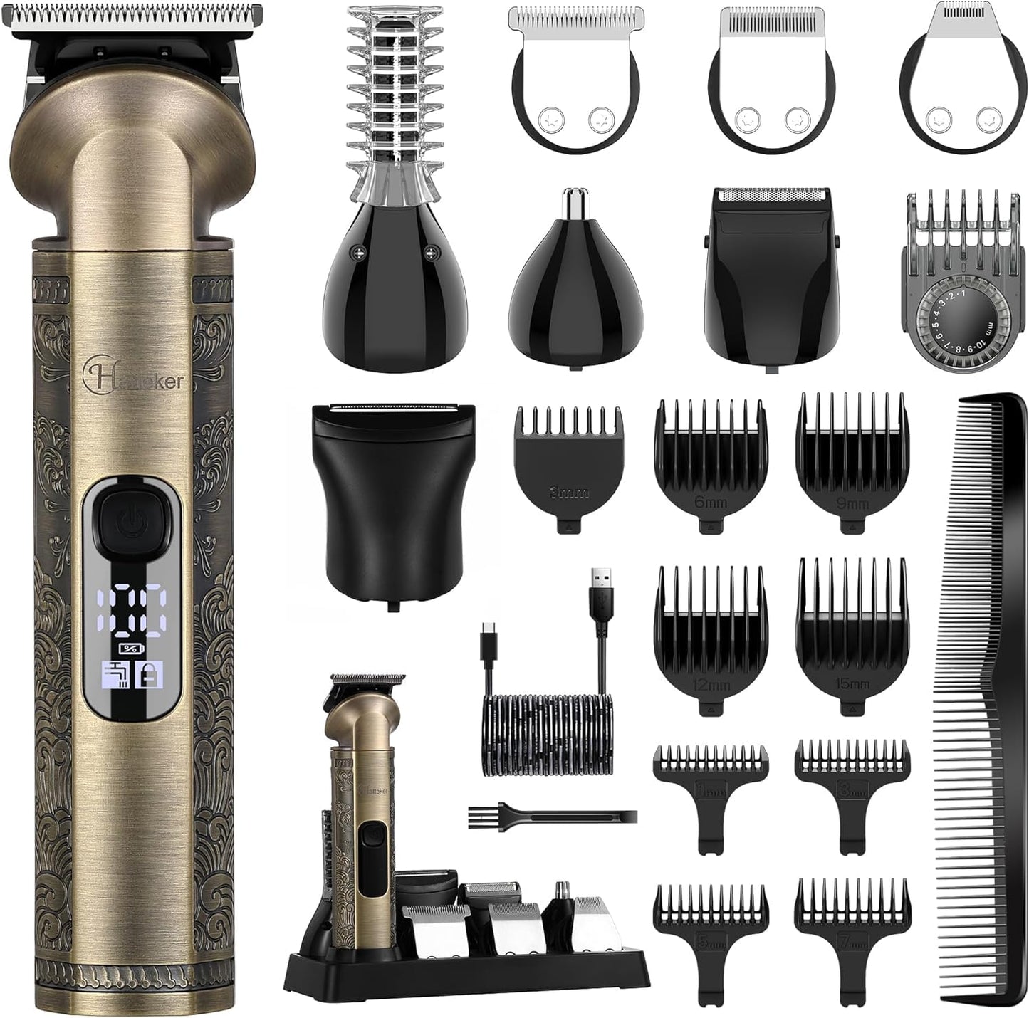 Hatteker Beard Trimmer Kit Professional Hair Clipper Zero Gapped T-Blade Electric Razor Shaver for Nose Ear Body Face Mustache Trimmer for Men Cordless Grooming Kit Waterproof 8 in 1