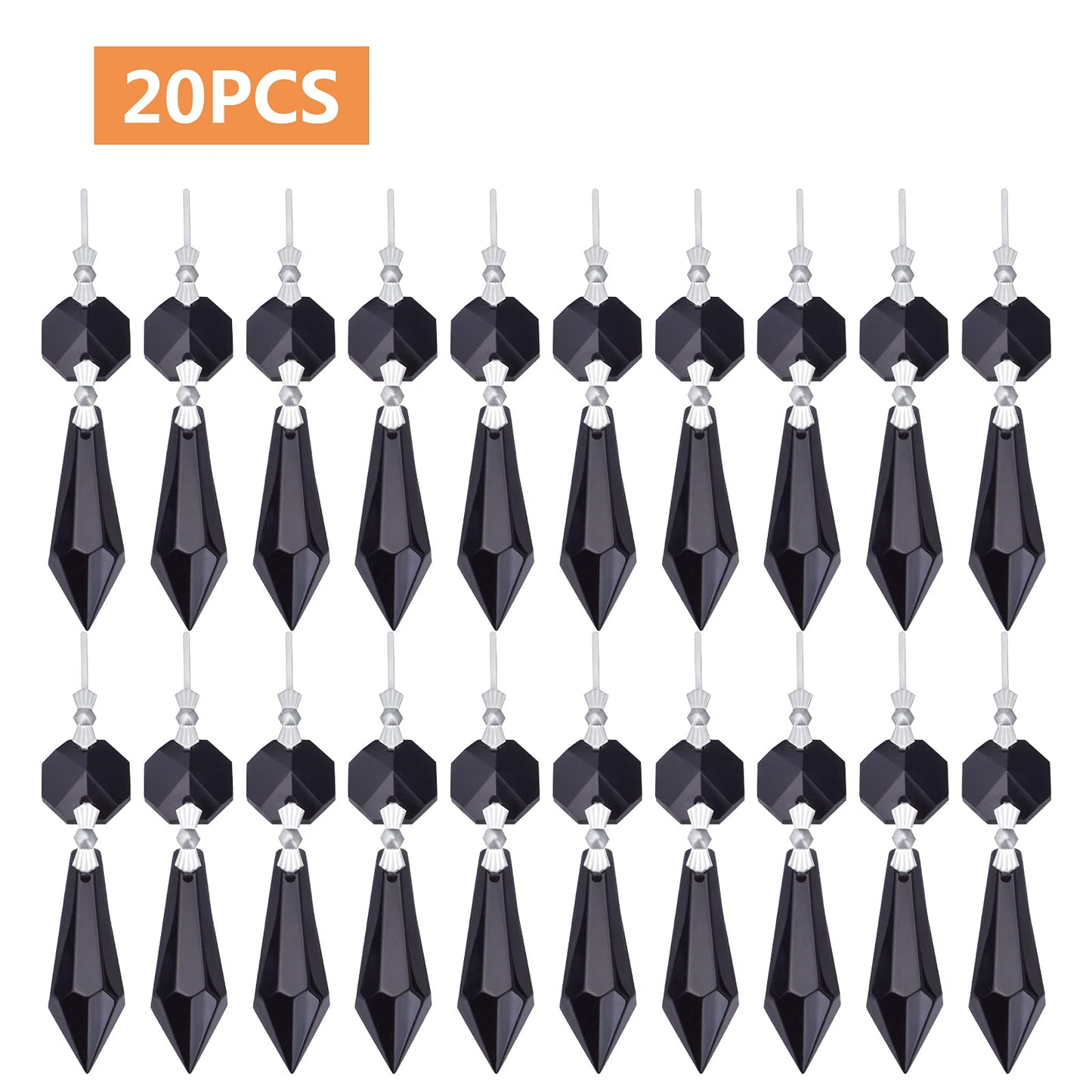 20pcs Crystals Prisms Glass Tip Beads Black Chandelier Icicle Drops Hanging Crystal Replacements Pendants for DIY Craft Jewelry Ornament Wedding Christmas Lamp Decoration, 35 mm