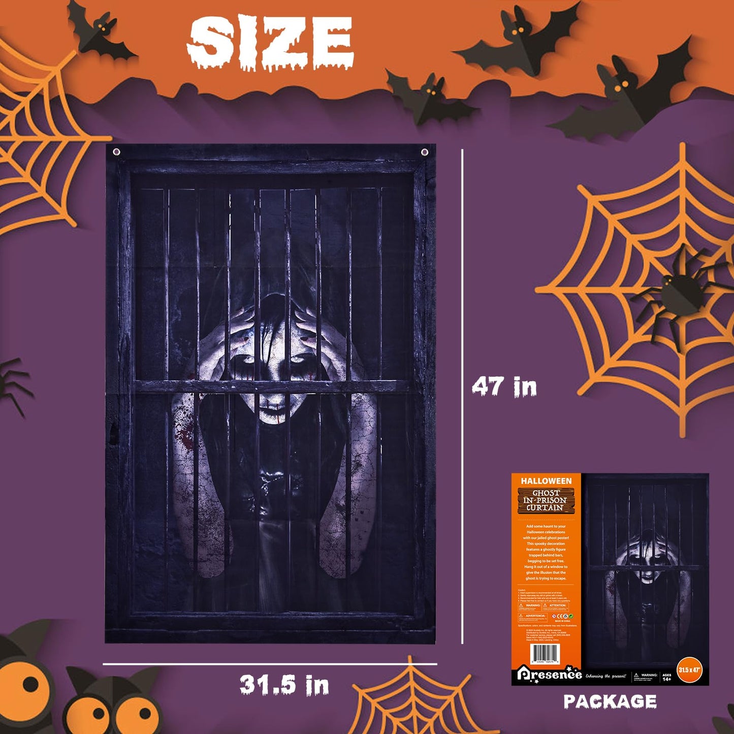 FUN LITTLE TOYS Halloween Female Ghost Curtain, Window Door Cover, Sticker for Halloween Decoration, Party Decors (Female Ghost-2)