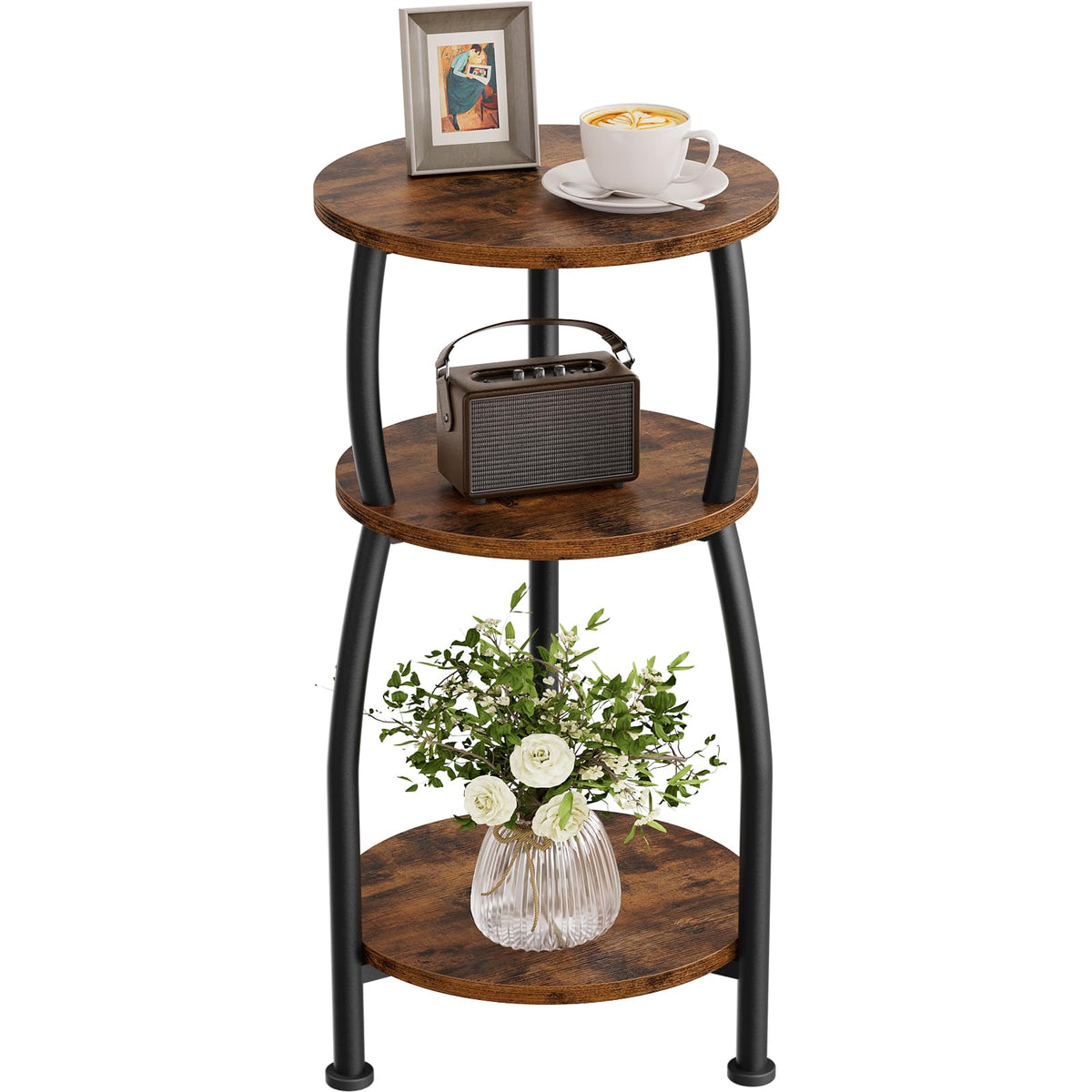 Yuede Small Round Side Table for Small Spaces, 3-Tier End Table with Storage Shelf, Slim Night Stand Sofa Corner Table for Living Room Bedroom, Patio and Corner, Rustic Brown