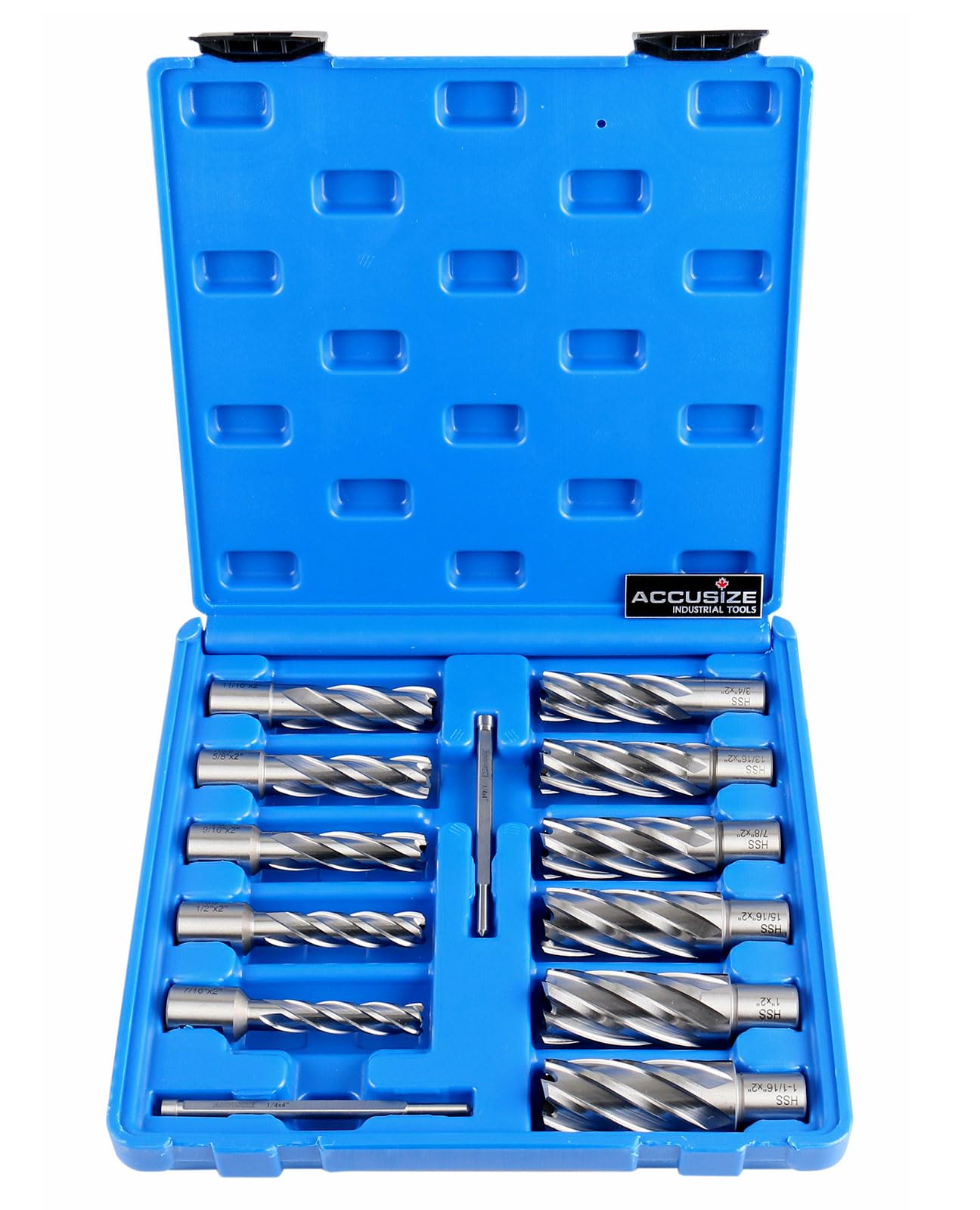Accusize Industrial Tools 13 Pc 7/16'' to 1-1/16'' H.S.S. Annular Cutters, 2'' Cutting Depth, 3/4'' Weldon Shank, with 2 Pilot Pins, Strong Case, N2