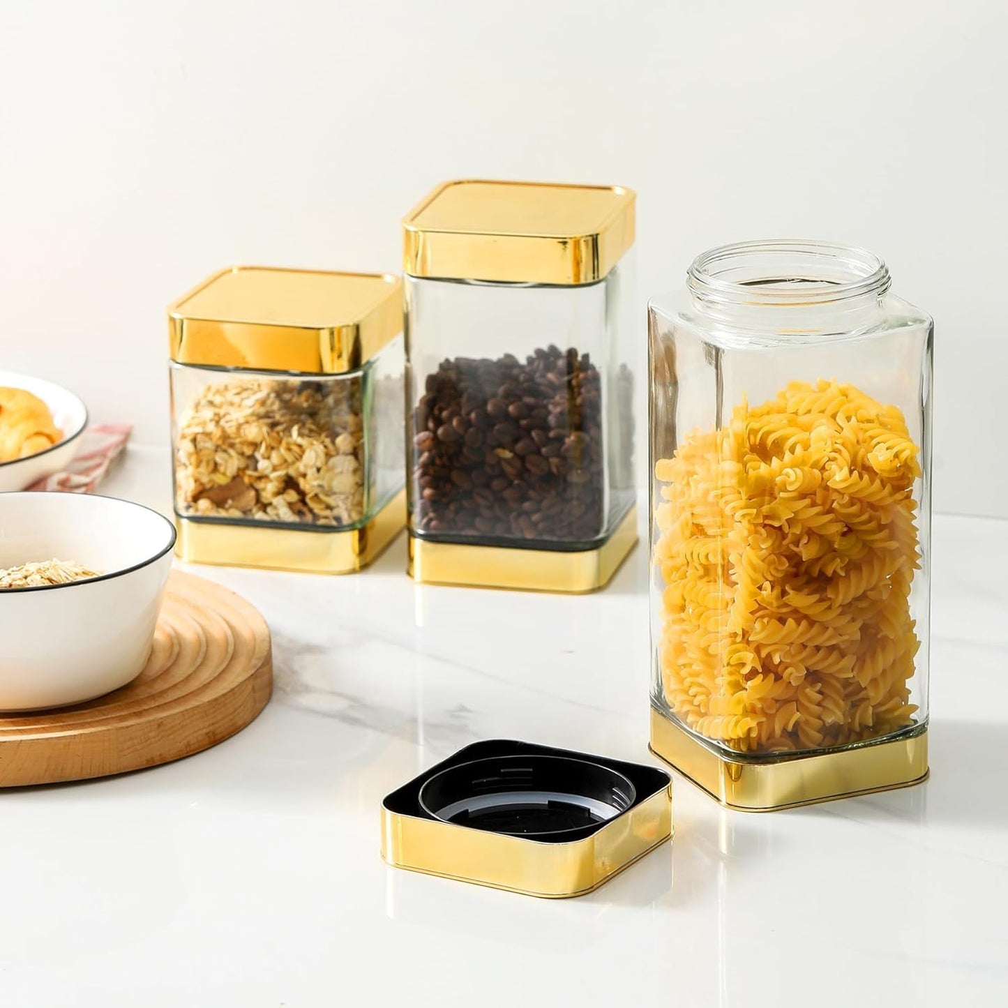 BETTWILL Glass Storage Jars-Large Kitchen Glass Canisters with Airtight Lids -Coffee Pasta Sugar Tea Snack Nuts Cookie Flour Food Container - Set of 3…