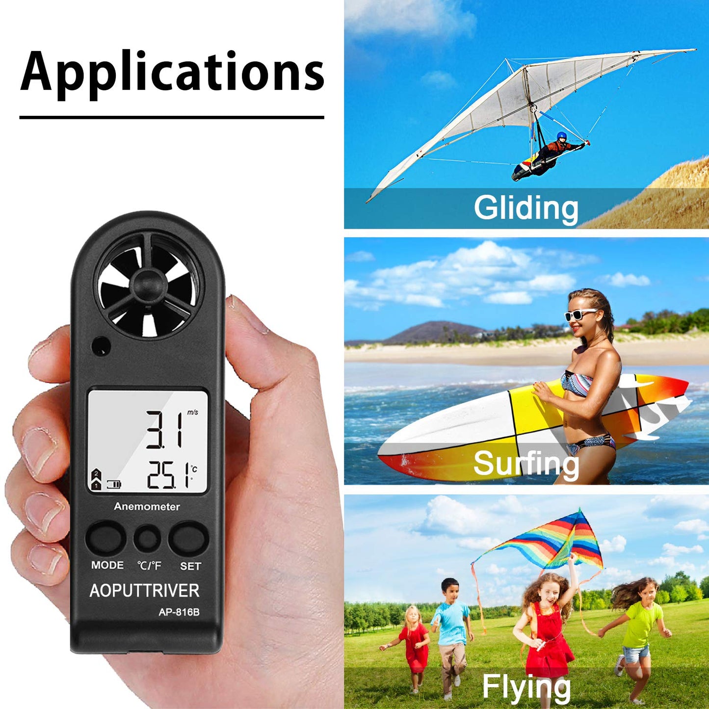 AOPUTTRIVER Anemometer Handheld Wind Speed Meter, AP-816B Anemometer for Measuring Wind Speed, Temperature and Max/Average, Mini Anemoeters for Windsurfing Sailing Outdoor Activities