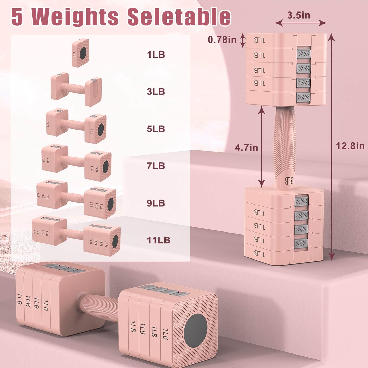 Adjustable Dumbbells Set of 2, 5-in-1 Adjustable Weight Dumbbells for Women/Men, 3lb/5lb/7lb/9lb/11lb Dumbbell Weights Set for Home Gym Workout
