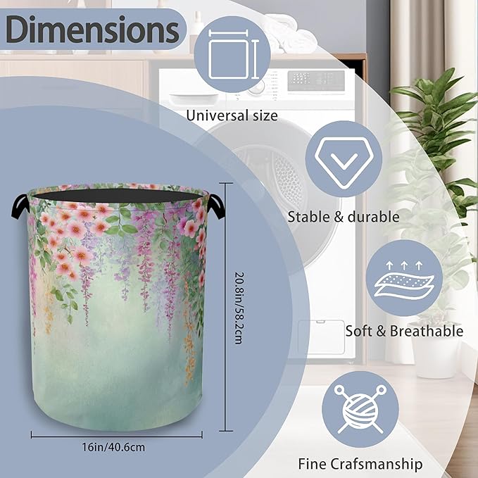 Colorful Flowers Laundry Basket, Foldable