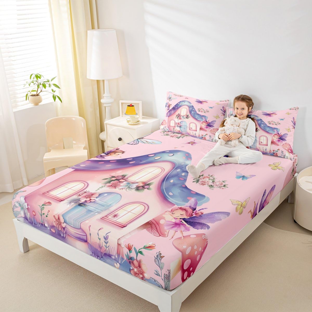 Erosebridal Fairy Garden Twin Fitted Sheet - Pink Fairy Butterfly Bedding Set for Girls Kids, Cute Pink Floral Bed Sheets, Kawaii Mushroom Flower Bed Set 2 Piece Room Decor (No Flat Sheet)