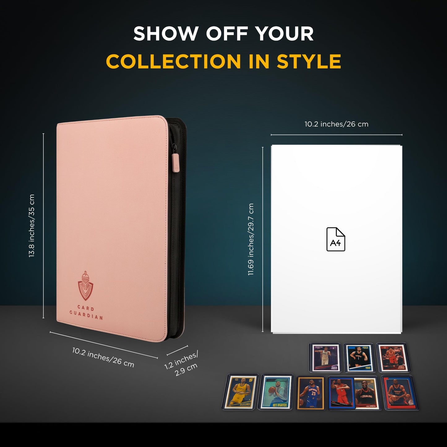 Card Guardian - 9 Pocket Premium Binder with Zipper for 360 cards - side loading pockets for Trading Card Games TCG (Pink)