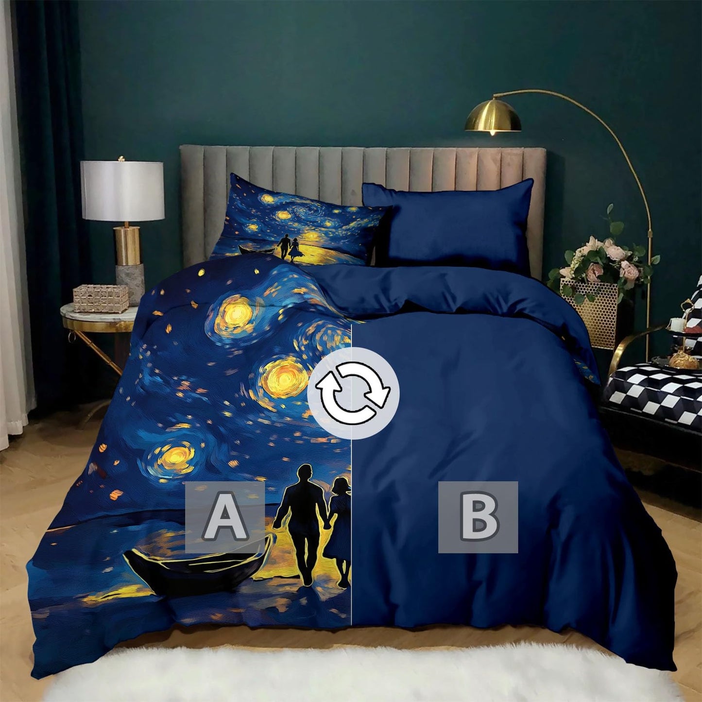 Twin Duvet Cover Set Oil Painting Couple Seaside Soft Microfiber Reversible Comforter Bedding Cover with Zip Tie, Lightweight Breathable Navy, for Boys Girls Teens