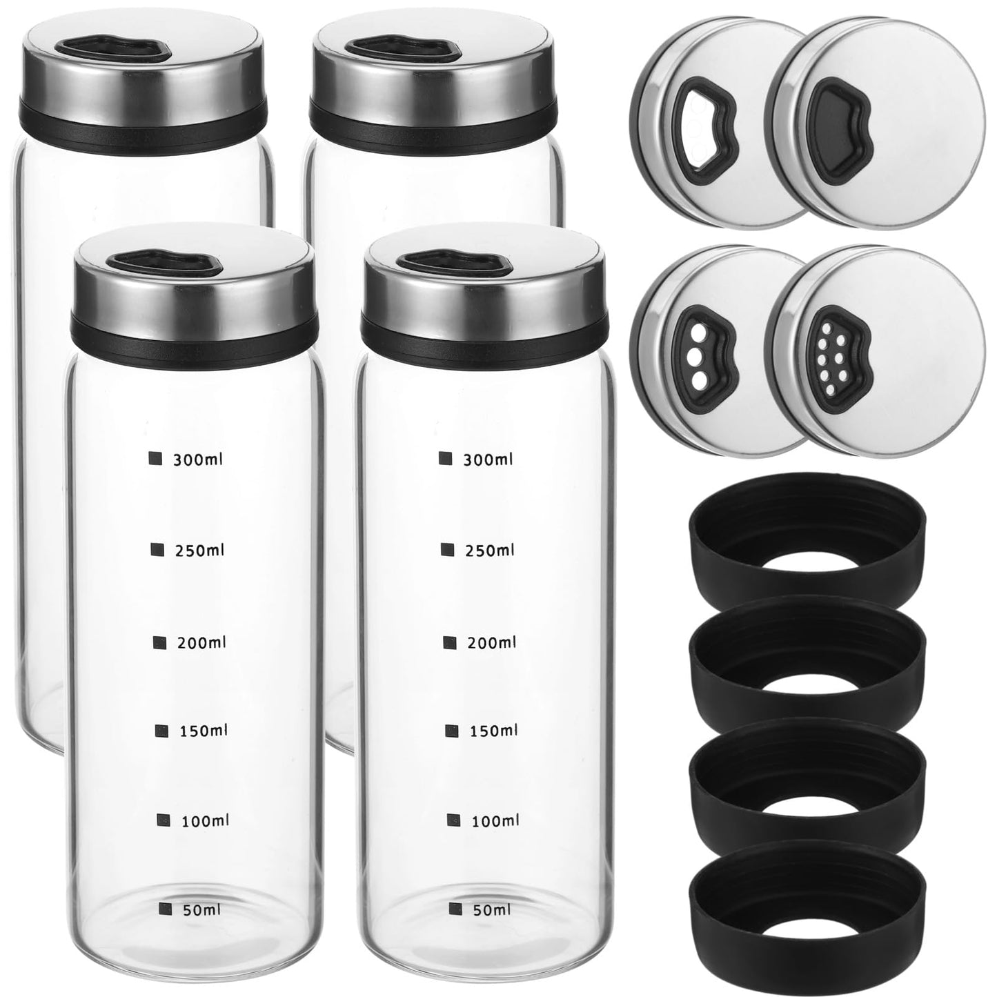 4 Pcs Salt and Pepper Shakers, 350ml Glass Spice Bottles with Adjustable Pour Holes, Spice Dispensers with Non-Slip Silicone Bases, Seasoning Jars with Rotating Steel Lids for Kitchen