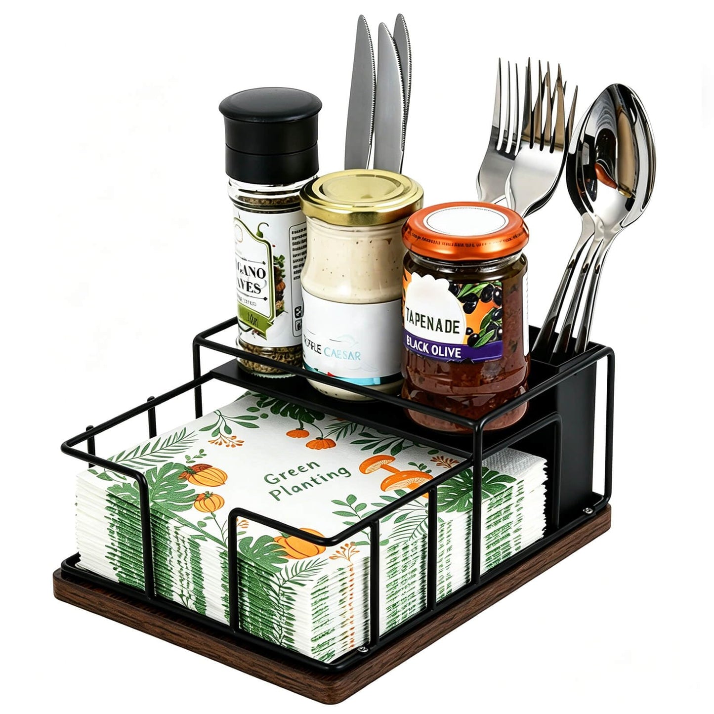 Napkin Holder for Table, Metal Napkin Holder Dispenser with Salt and Pepper Shakers Storage, 3-in-1 Utensil Holder Spice Rack for Kitchen Dining Table Buffet Patio Camping (Black)