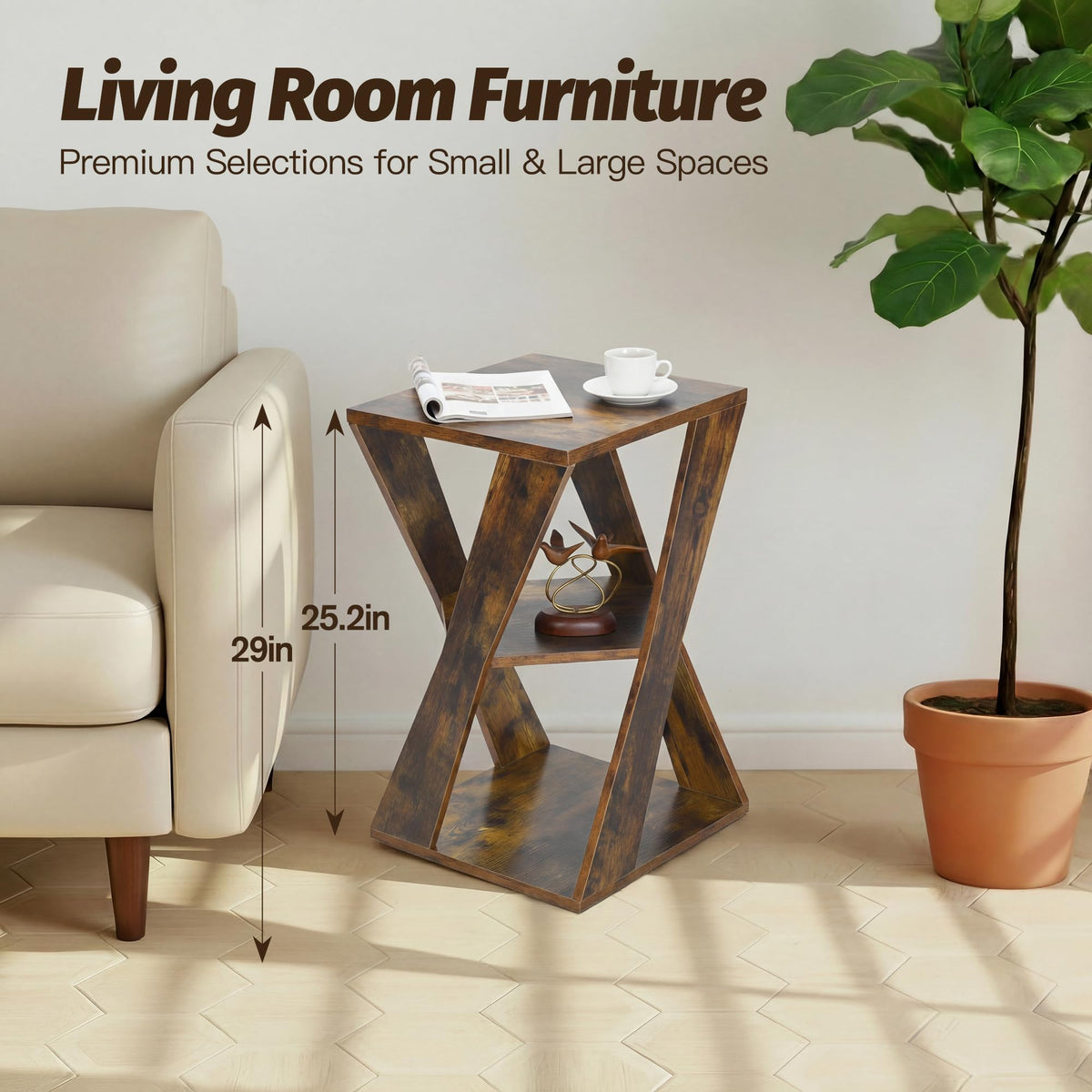 HOMELA End Table Modern Wooden Side Table, Nightstand for Small Spaces, End Table for Living Room, Bedroom Nightstand, Office, Bathroom (Rustic Brown+Classic Black)