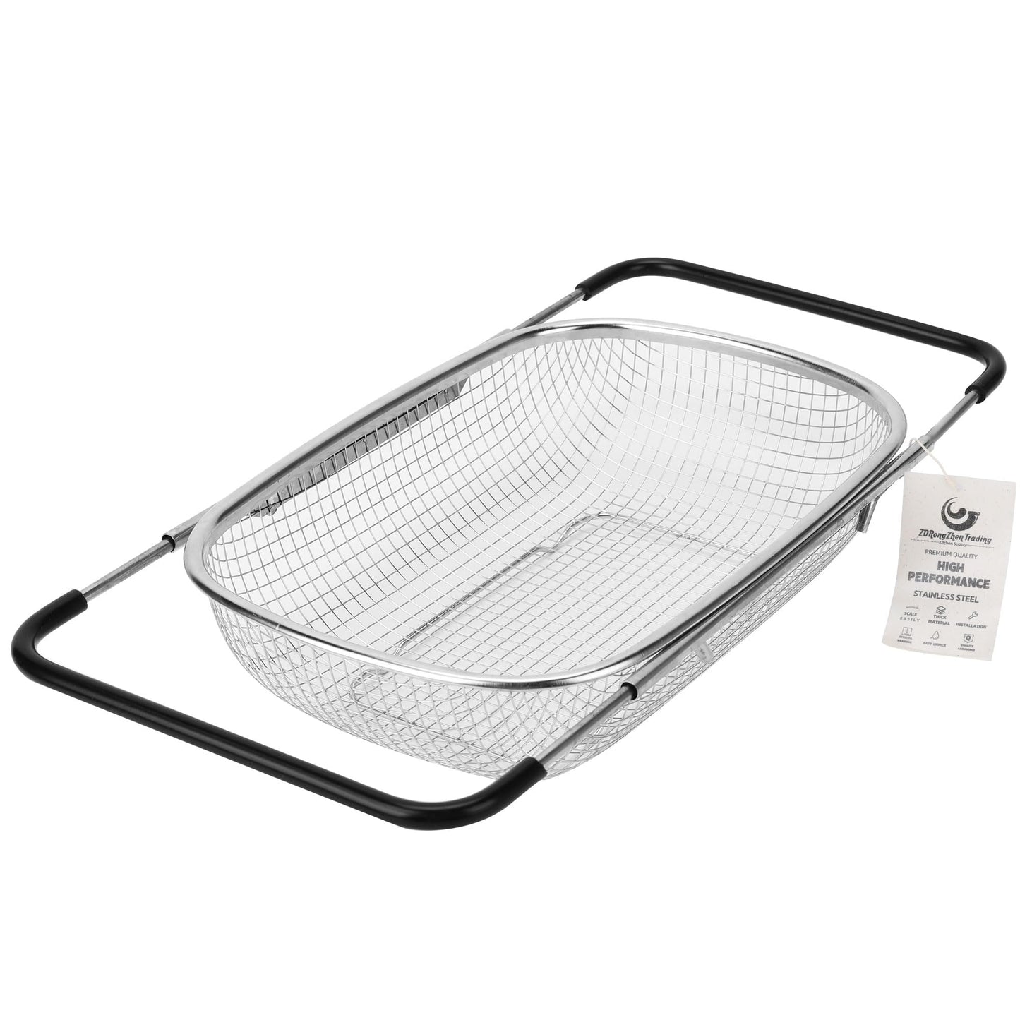 ZDRongZhen Kitchen Accessories Over the Sink Colander Strainer Basket，Stainless Steel Colander with Expandable Rubber Grip Sink Drainer-Rinse Vegetables Fruits &Strain&Drain (Large-Dense round hole)