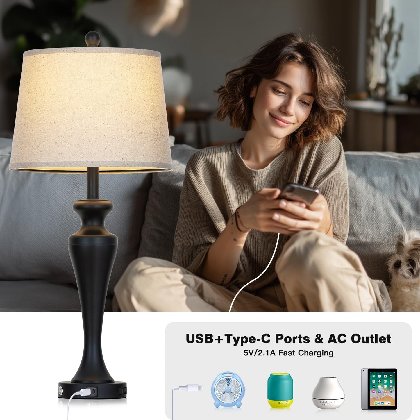 luxeflow 30 Inch Black Table Lamp Single, 3-Way Dimmable Touch Control Living Room Lamps with USB A+C Ports and AC Outlet, Tall Bedside Lamps for Nightstand, Modern Metal Bedroom Lamp, Bulb Included