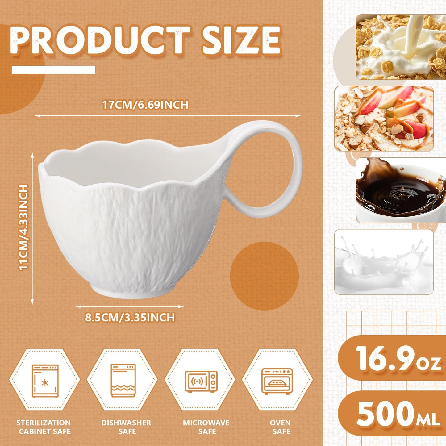 Ferrochef 2 Pack 16.9oz Soup Bowls with Loop Handle, White Stone Texture Ceramic Microwave and Dishwasher Safe Bowls, Matte Frosted Mug for Hot Soups, Chilled Desserts, Oatmeal, Yogurt, Coffee, Milk