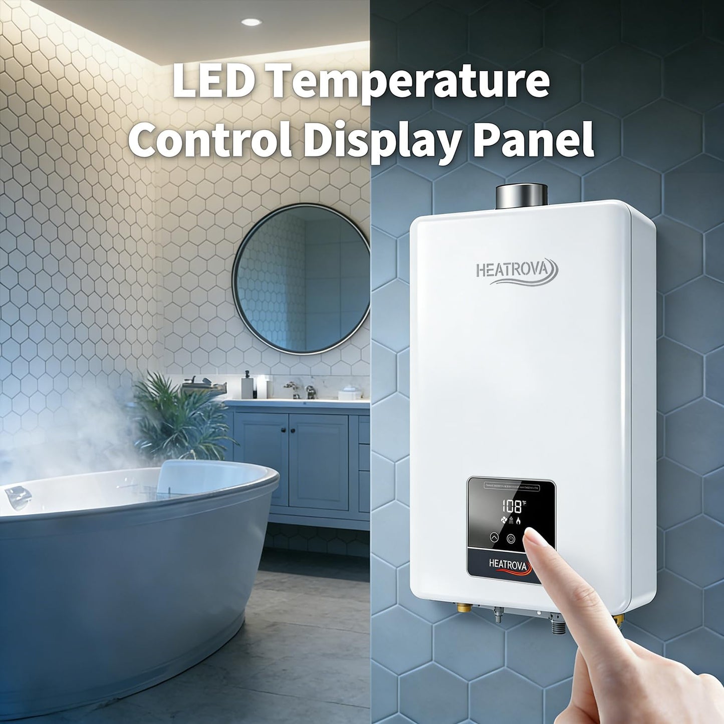 Natural Gas Tankless Water Heater Indoor,HeatRova 4.3 GPM 102,000 BTU,Instant Hot Water,Constant Temperature,Pure Copper Heat Exchanger,3/4" NPT Connector,Energy-Saving,On-Demand for 3–4 Fixtures