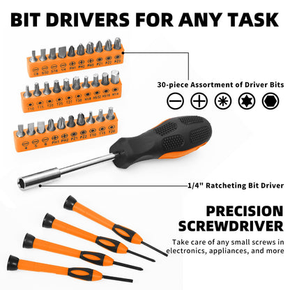 GETFOO 58-Piece Tool Kit Basic Home Repair Tool Set, General Household Hand Tool Kit,Small Tool Kit with Plastic Toolbox Mini Tool kit for Women, Office & College Repairs Orange