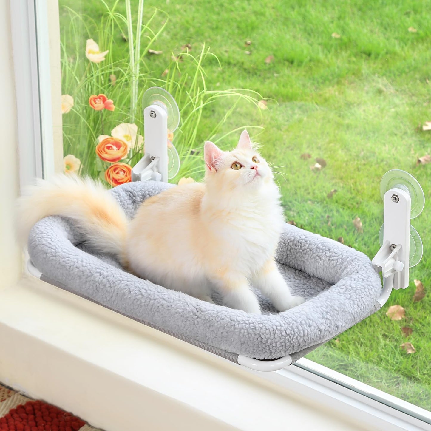 Zakkart Foldable Cat Hammock for Window - Cordless, Machine Washable Bed, Robust Metal Frame & ABS Brackets- Cat Window Perch for Large Cats and Kittens (Gray Bolster Bed, Medium)