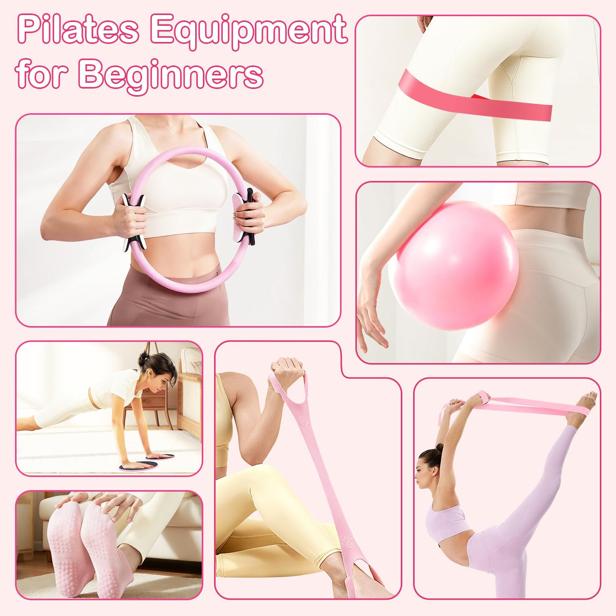 Hoedia Pilates Kit for Women, Pilates Equipment Ring and Ball Set with Resistance Bands, Yoga Strap, Core Sliders, Socks, Bag & Guide for Starter Home Workout Fitness Gym Essentials, Pink