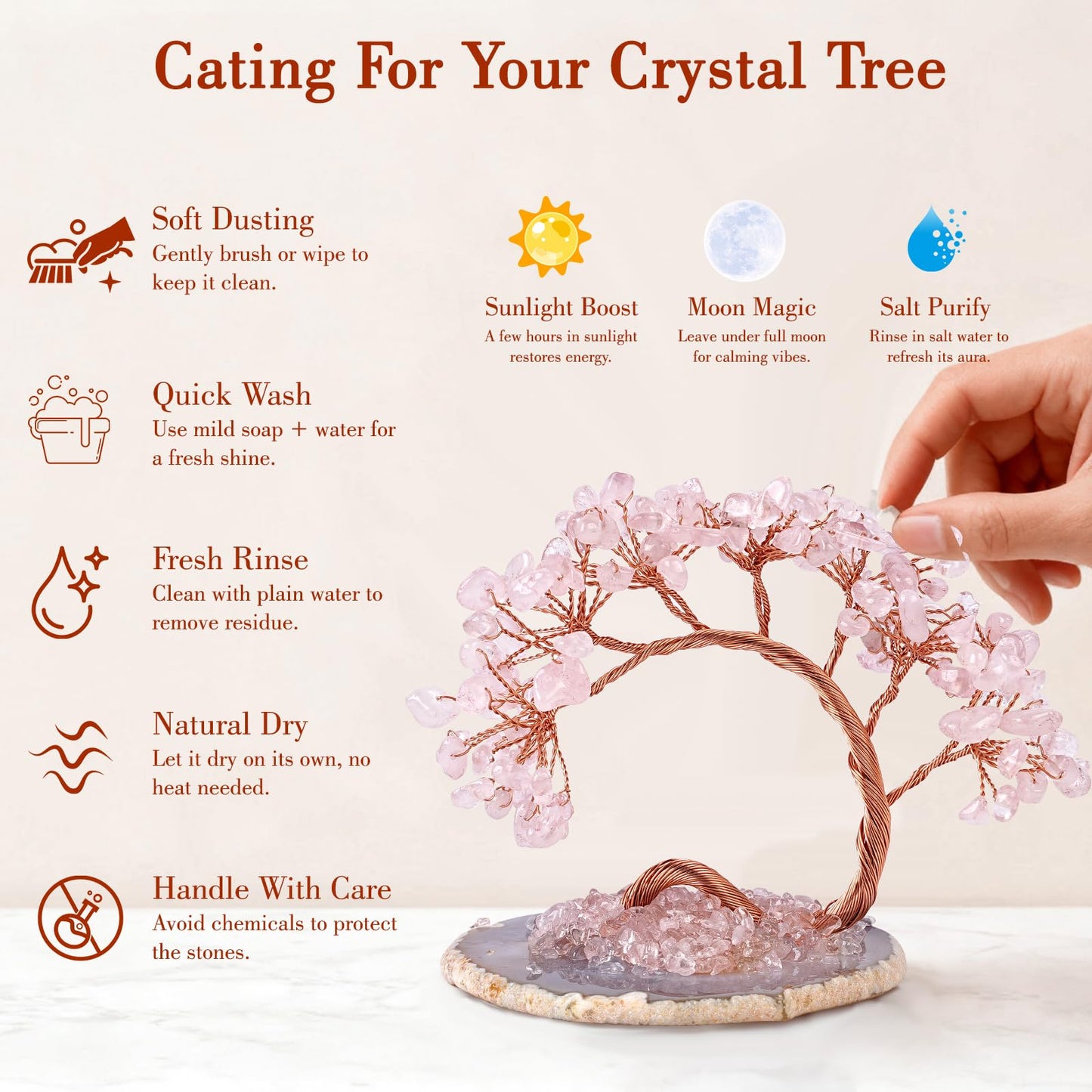 Rose Quartz Crystal Tree with Agate Slice Base - Handmade Feng Shui Money Tree for Love & Abundance, Mini Pink Desk Bonsai, Heart Chakra Healing Decor & Gift
