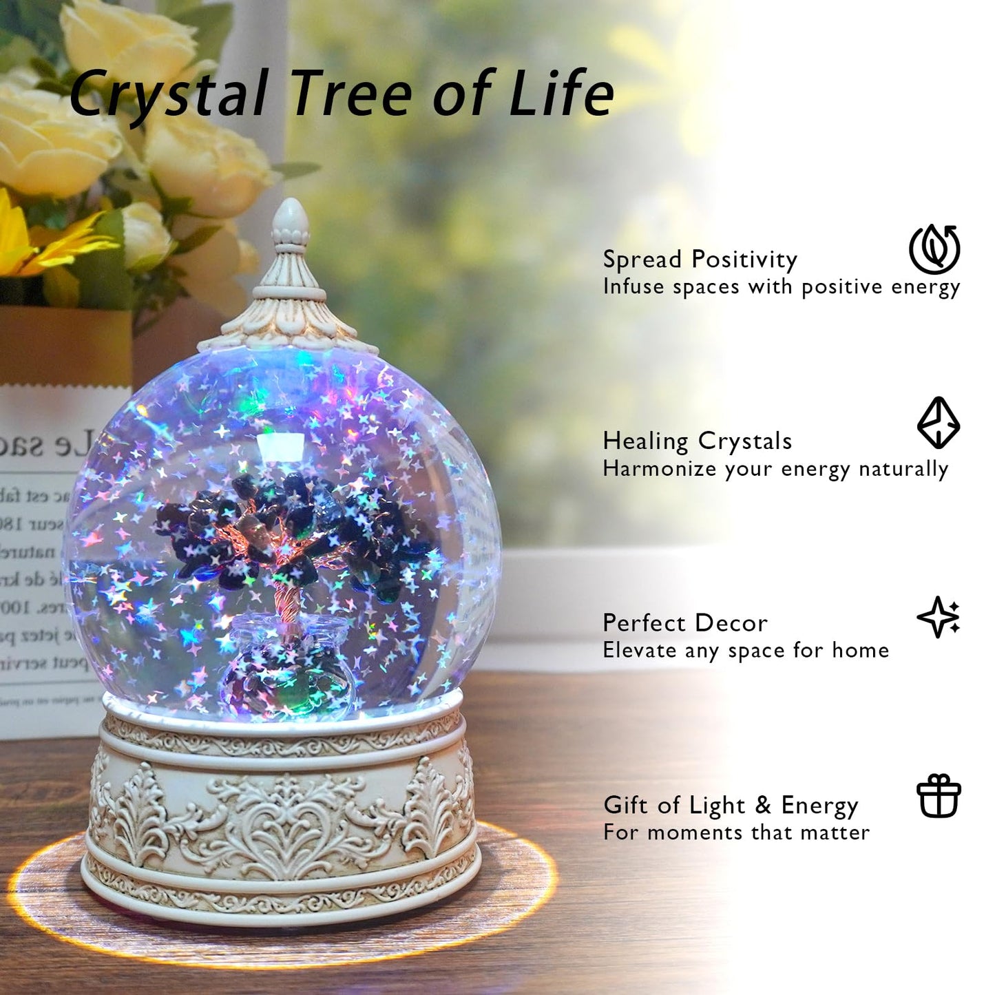 Obsidian Healing Crystal Tree Globe with Colorful Lights and Sparkling Glitter, Natural Gemstone Base, Spiritual Meditation, Positive Energy Good Luck, Home Decor, Birthday Gifts (Obsidian)