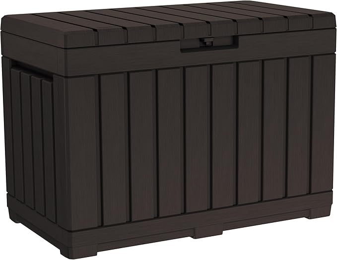 Keter Kentwood 50 Gallon Resin Deck Box for Outdoor Storage – Weather‑Resistant Balcony & Patio Box for Cushions, Throw Pillows & Garden Tools, Brown