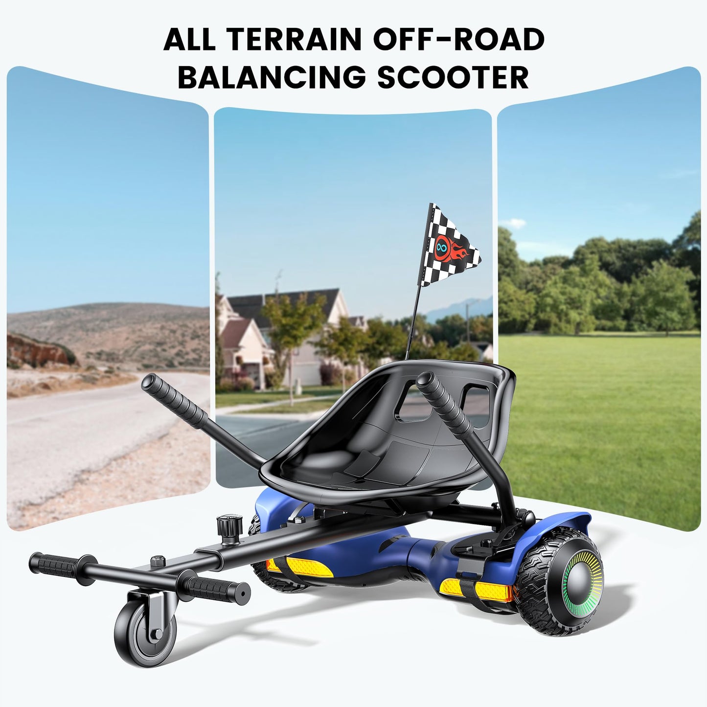 Gyroor Scooter with Adjustable Seat Attachment, 6.5" All-Terrain Self Balancing Scooter, LED Lights & Bluetooth for Kids and Adults, Blue