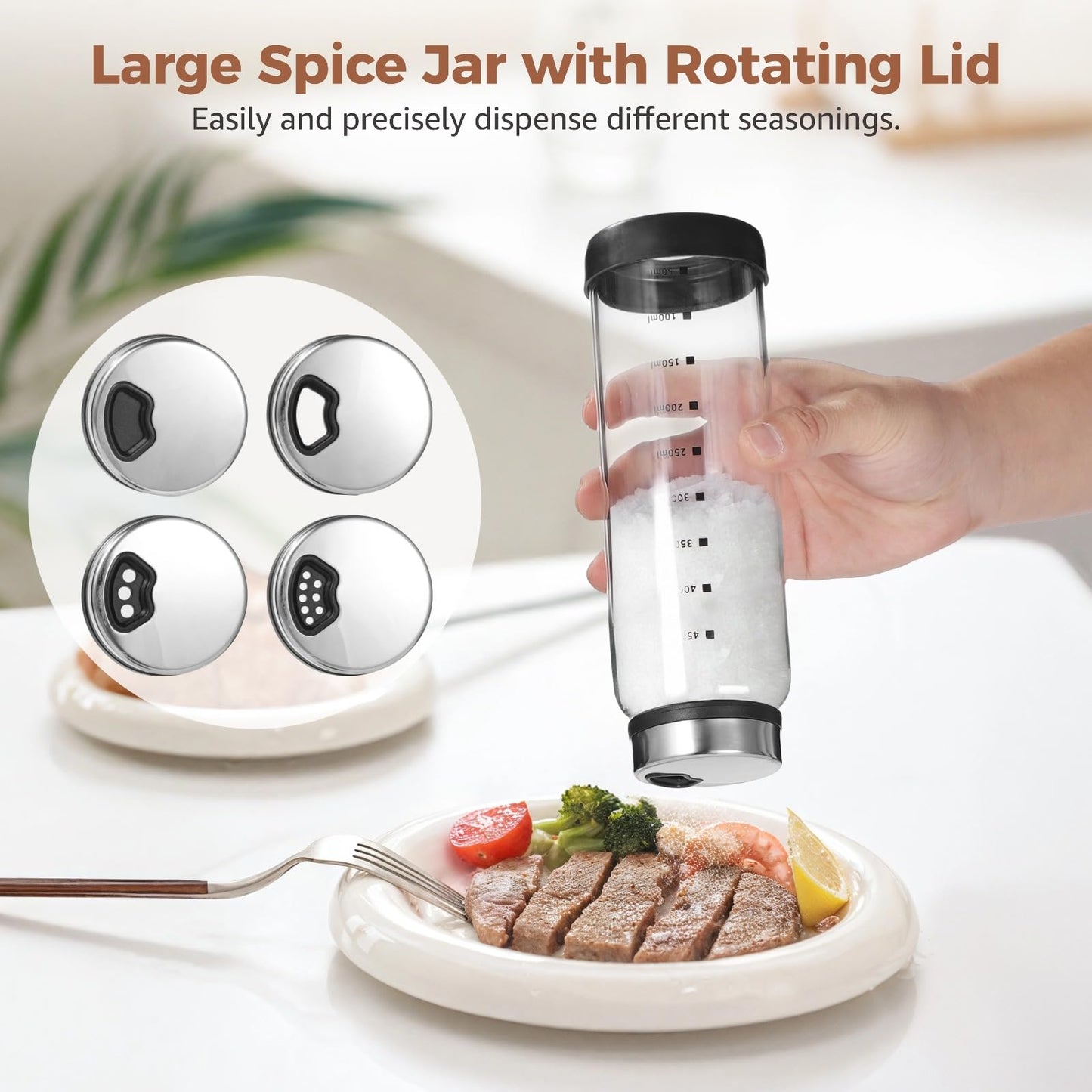 4 Pcs Salt & Pepper Shakers, Large Glass Spice Jars with Adjustable Pour Holes, Spice Dispensers with Non-skid Silicone Bases, Seasoning Jars with Rotating Steel Lids for Kitchen(500ml)