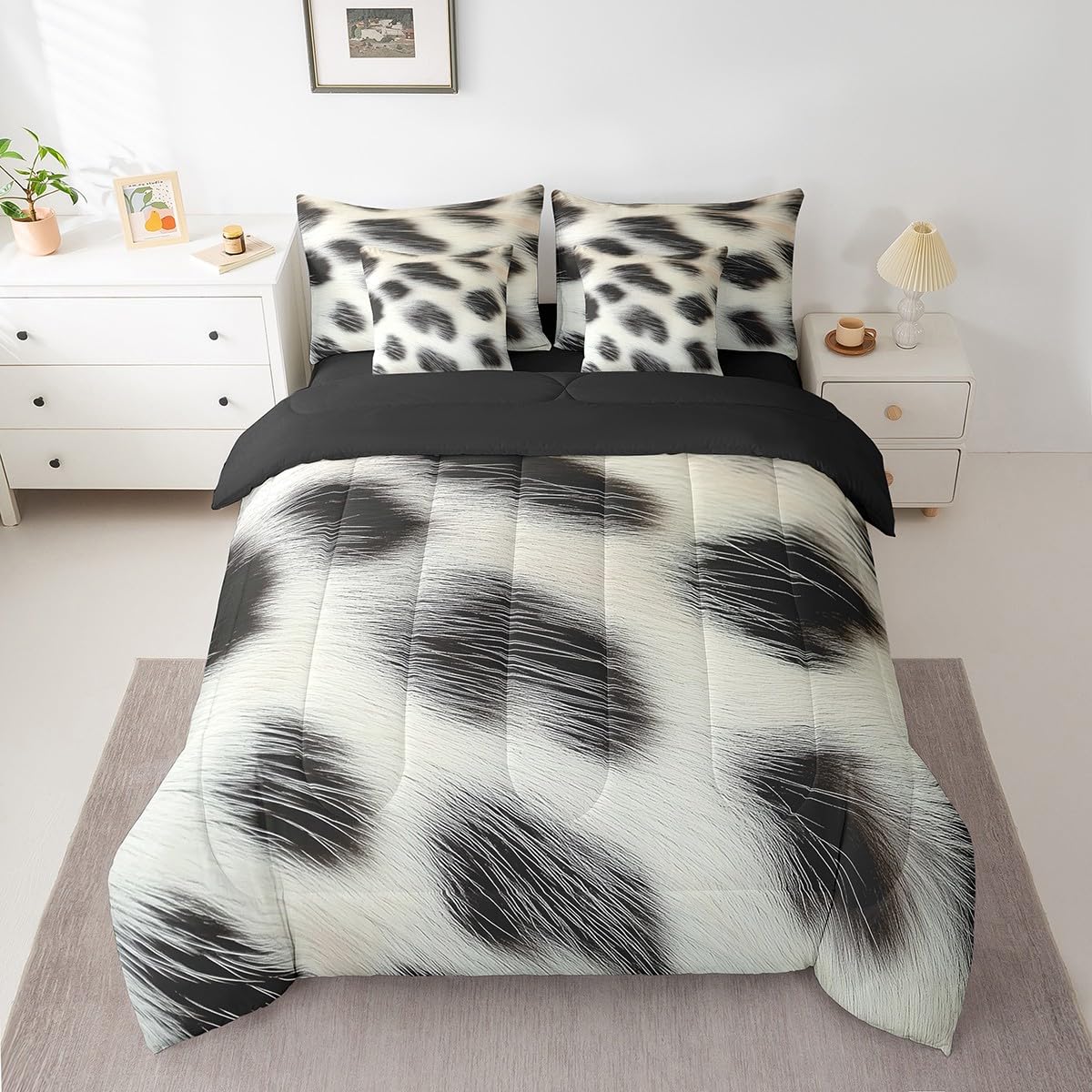 Erosebridal Cowhide Comforter Set Twin Size for Boys Cute Cow Print Bedding Set 7 Piece Western Cowboy Bed in A Bag for Kids Teens Youth Women Room Farmhouse Animal Hair Sheets, Breathable