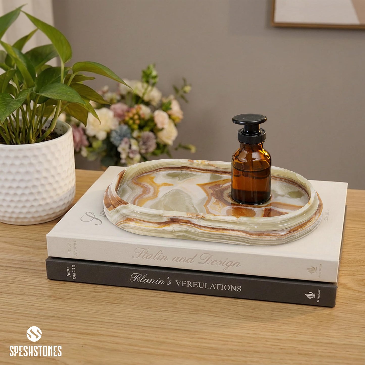 SPESHSTONES Marble Tray 9.75 Inch Handmade Green Onyx Bathroom Tray for Countertop Décor - Decorative Trays for Perfume, Candle, Jewelry & Vanity Accessories