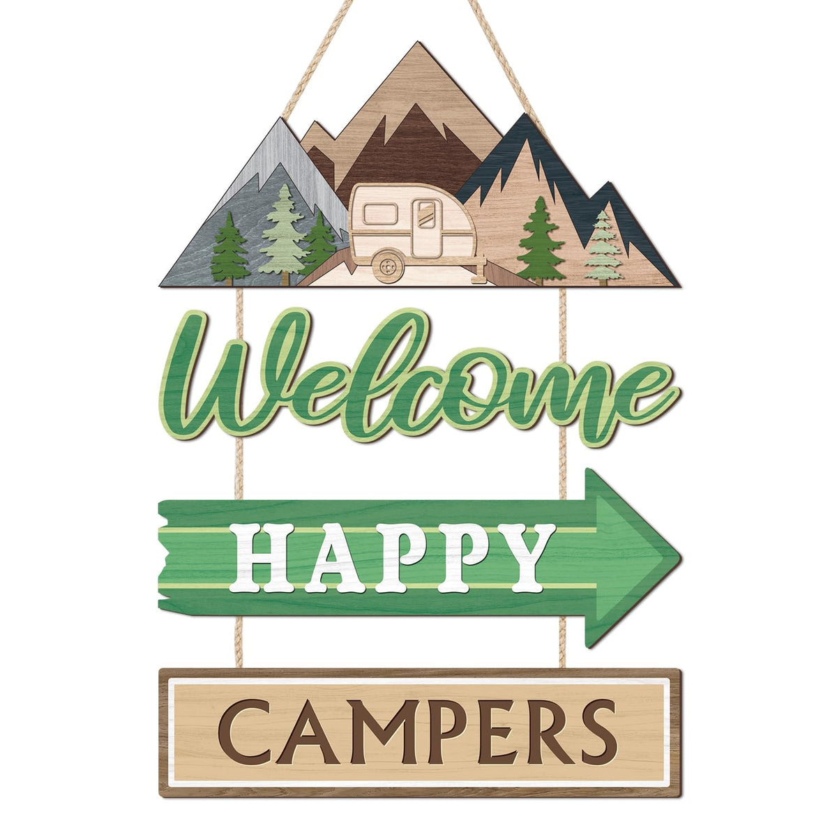 TOARTi 4Pcs Welcome Happy Camper Porch Sign Camping Party Decoration Camping Welcome Hanging Signs for Camper Backyard Outdoor Decor Adventure Quote Wooden Plaque