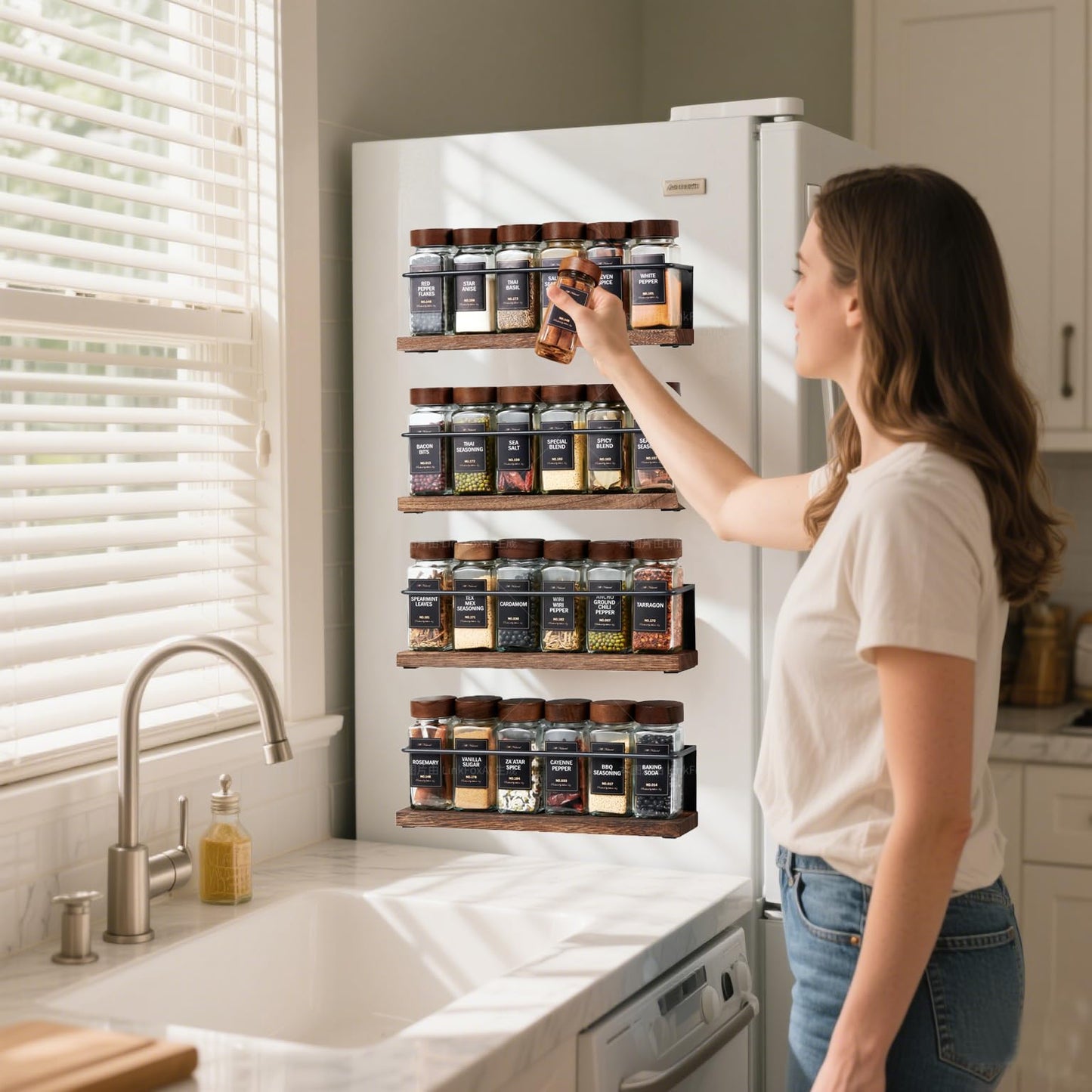 KitHero Wooden Lid Magnetic Spice Rack with 24 Jars, 216 Labels, 1 Steel Funnel for Refrigerator，Microwave Oven - Full Set of Spice Organizer