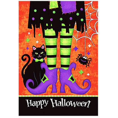 Morigins Trick Or Treat Witch Feet 28 x 40 Black Kitty Spider Decorative Happy Halloween Double Sided House Flag