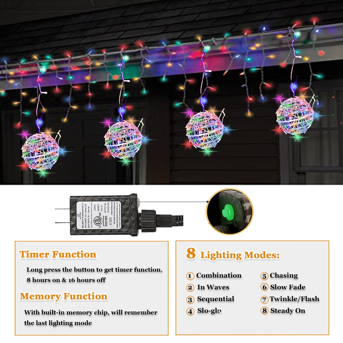 Outdoor Christmas Balls Lights Tree Lights Waterproof, 4 Pack 7.87" LED Hanging Globe Sphere Lights with 8 Lighting Modes Memory Timer Plug for Party Wedding Xmas Porch Patio Garden Yard Decorations