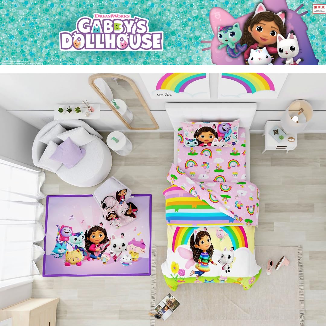DreamWorks Gabby's Dollhouse Cakey, Mercat and Pandy Kids Bedding Super Soft Comforter and Sheet Set, 4 Piece Twin Size, (Official Licensed Product) by Franco