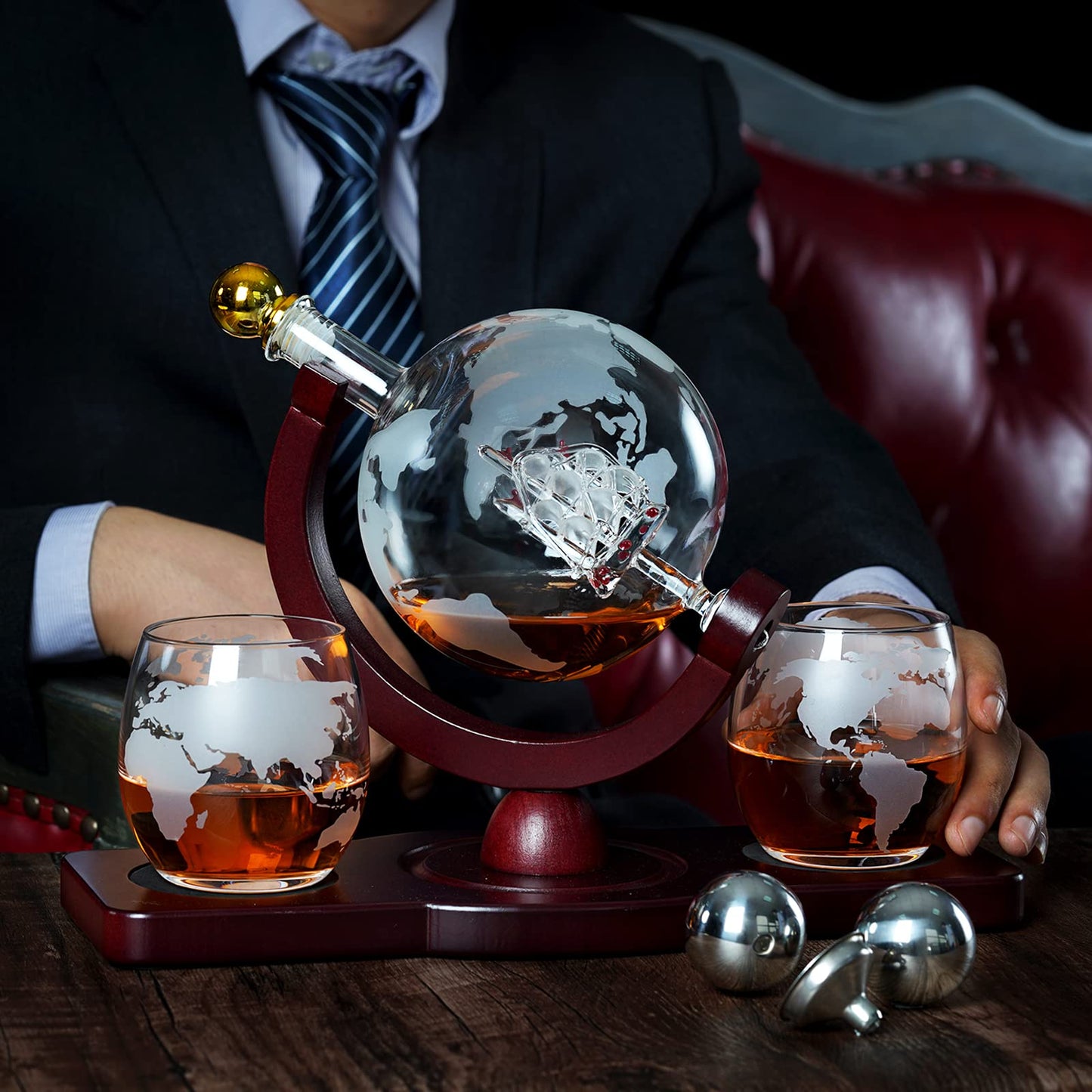 PONPUR Gifts for Men Dad Fathers Day, Whiskey Decanter Globe Set with 2 Ball Stones & 2 Glasses, Anniversary Birthday Gifts for Him Husband Boyfriend Brother, Cool Stuff Gift for Bourbon Scotch