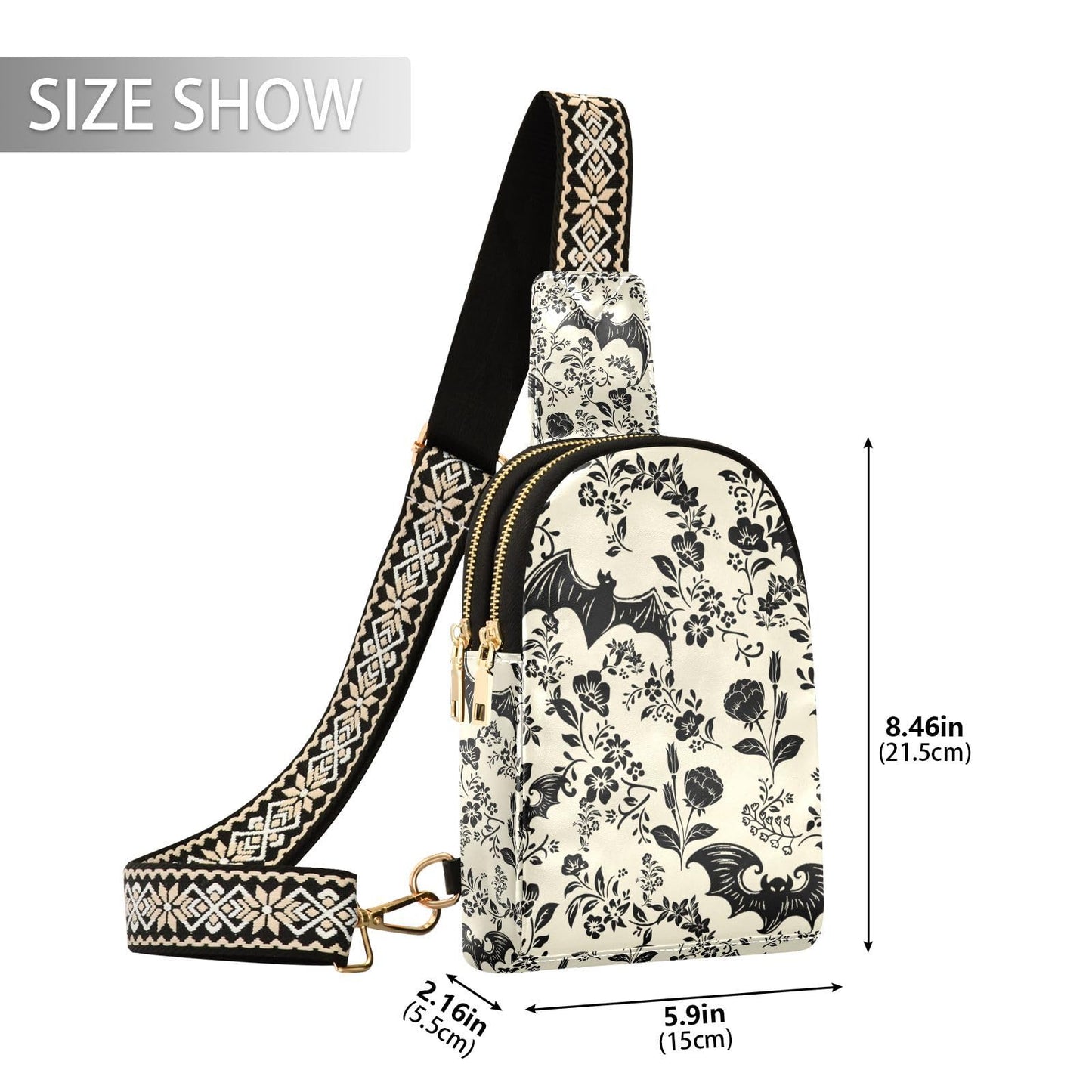 NCRJCZQL Goth Bat Flowers Crossbody Sling Bag for Women Leather Shoulder Chest Bag Small Fanny Pack for Hiking Travel