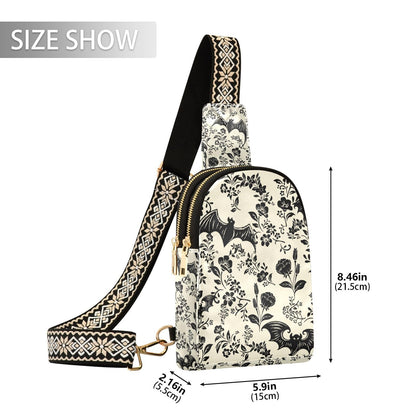 NCRJCZQL Goth Bat Flowers Crossbody Sling Bag for Women Leather Shoulder Chest Bag Small Fanny Pack for Hiking Travel